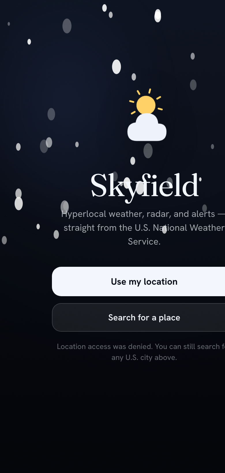 Skyfield app welcome screen